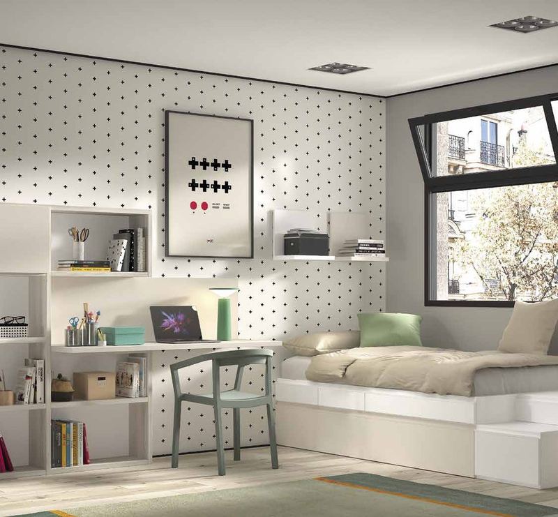 Vista general de la composición F-157, se observan cama modular, armario con puertas Clair, escritorio y almacenaje.