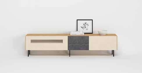 Fotografía de mueble de televisión de salón de la colección FRESH, en acabado Amazonas / Arena / Grafito.