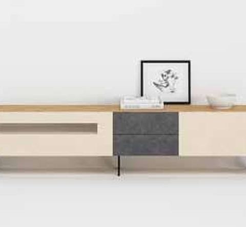 Fotografía de mueble de televisión de salón de la colección FRESH, en acabado Amazonas / Arena / Grafito.