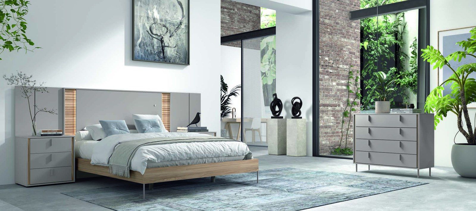 matrimonio-emotion-dormitorio-04-principal-01.jpg: Dormitorio Emötion composición 04 con cama doble, cabecero con alas e iluminación, mesitas, cómoda y espejo