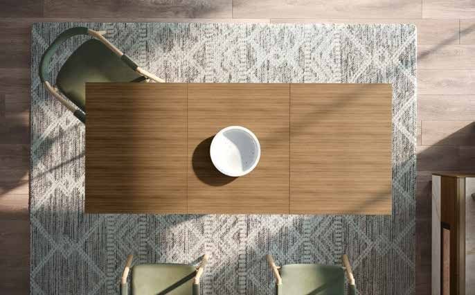 Fotografía de mesa de comedor de la colección FRESH, en acabado Tapa 19 mm en todos los laminados; tapa efecto 10 mm solo en acabados naturales; patas blancas o grafito.