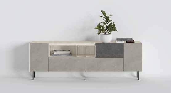 Fotografía de mueble de televisión de salón de la colección FRESH, en acabado Boeta / Cuarzita / Grafito.