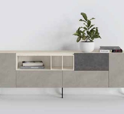 Fotografía de mueble de televisión de salón de la colección FRESH, en acabado Boeta / Cuarzita / Grafito.