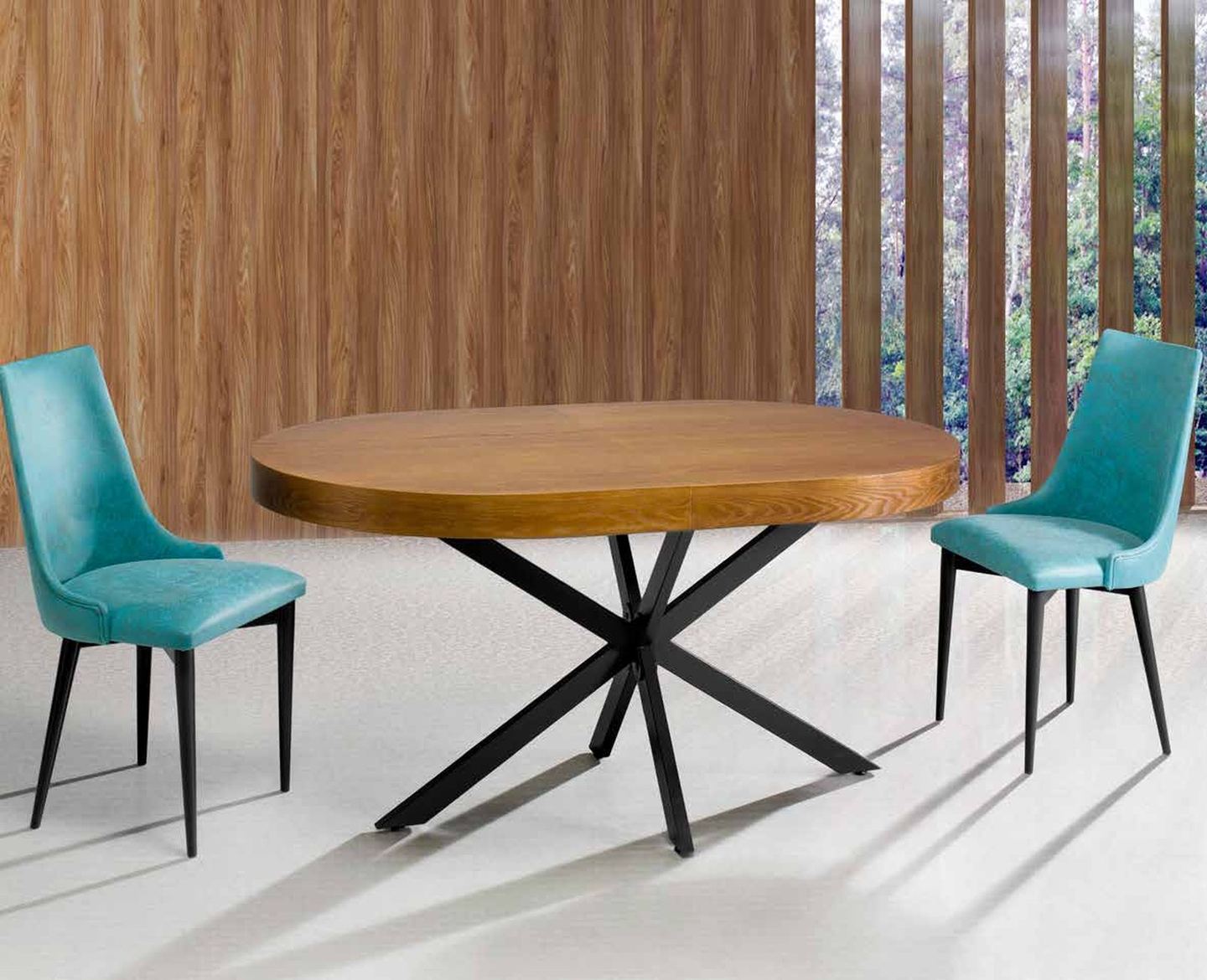 Mesa de comedor ovalada modelo 91 de SG, de tablero ovalado sobre pie central de aspas metálicas