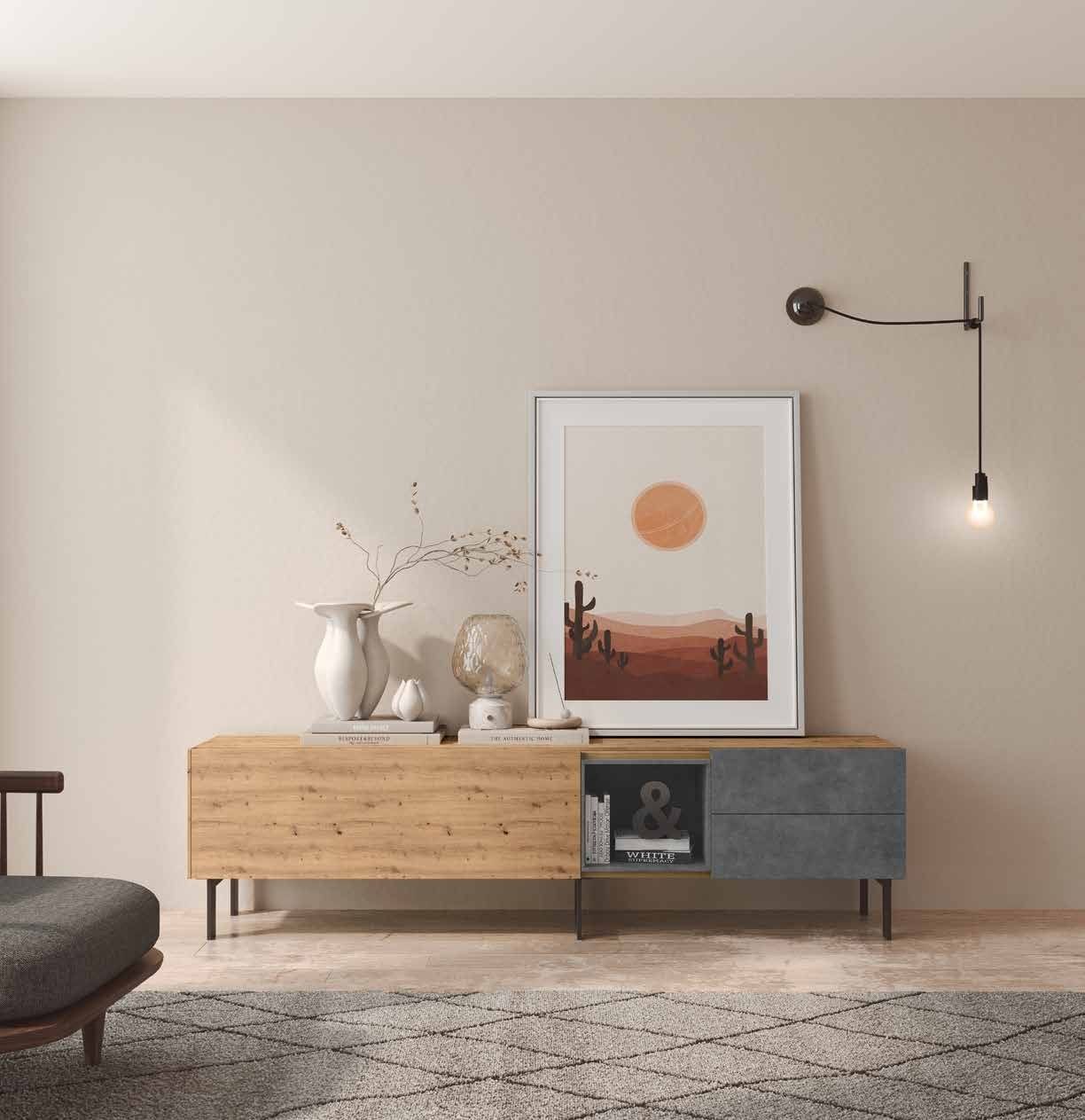 Fotografía de mueble de televisión de salón de la colección FRESH, en acabado Amazonas / Grafito.