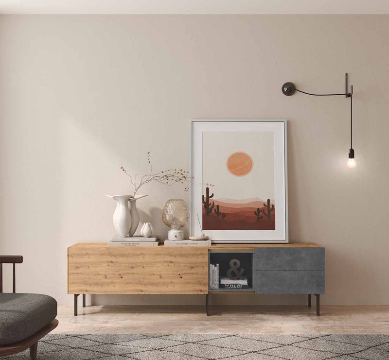 Fotografía de mueble de televisión de salón de la colección FRESH, en acabado Amazonas / Grafito.