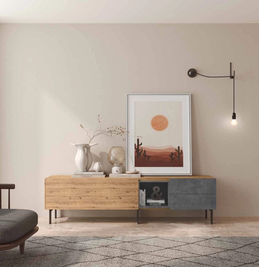 Fotografía de mueble de televisión de salón de la colección FRESH, en acabado Amazonas / Grafito.