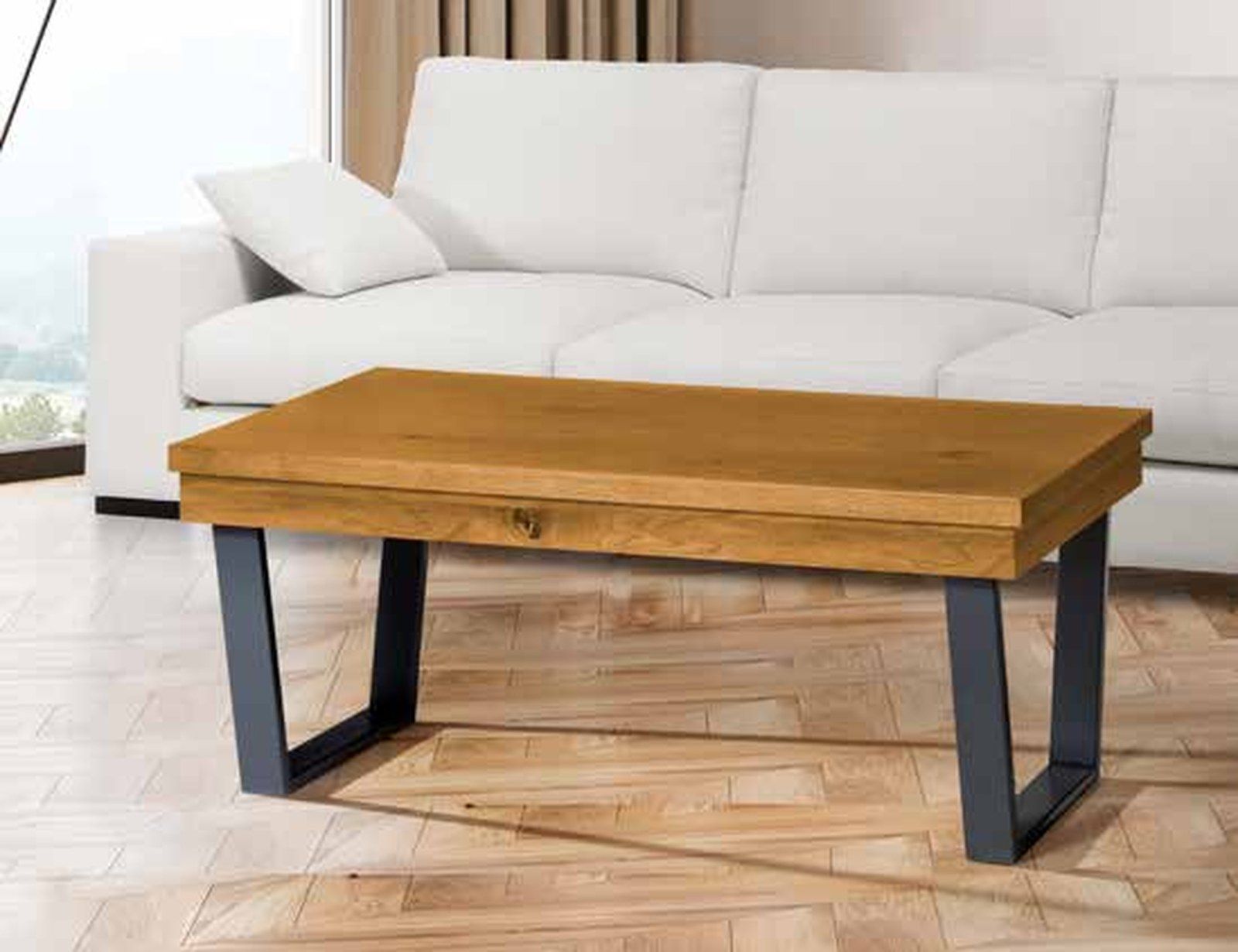 Mesa de centro elevable modelo 282 de SG, de tablero rectangular de madera sobre patas metálicas en U