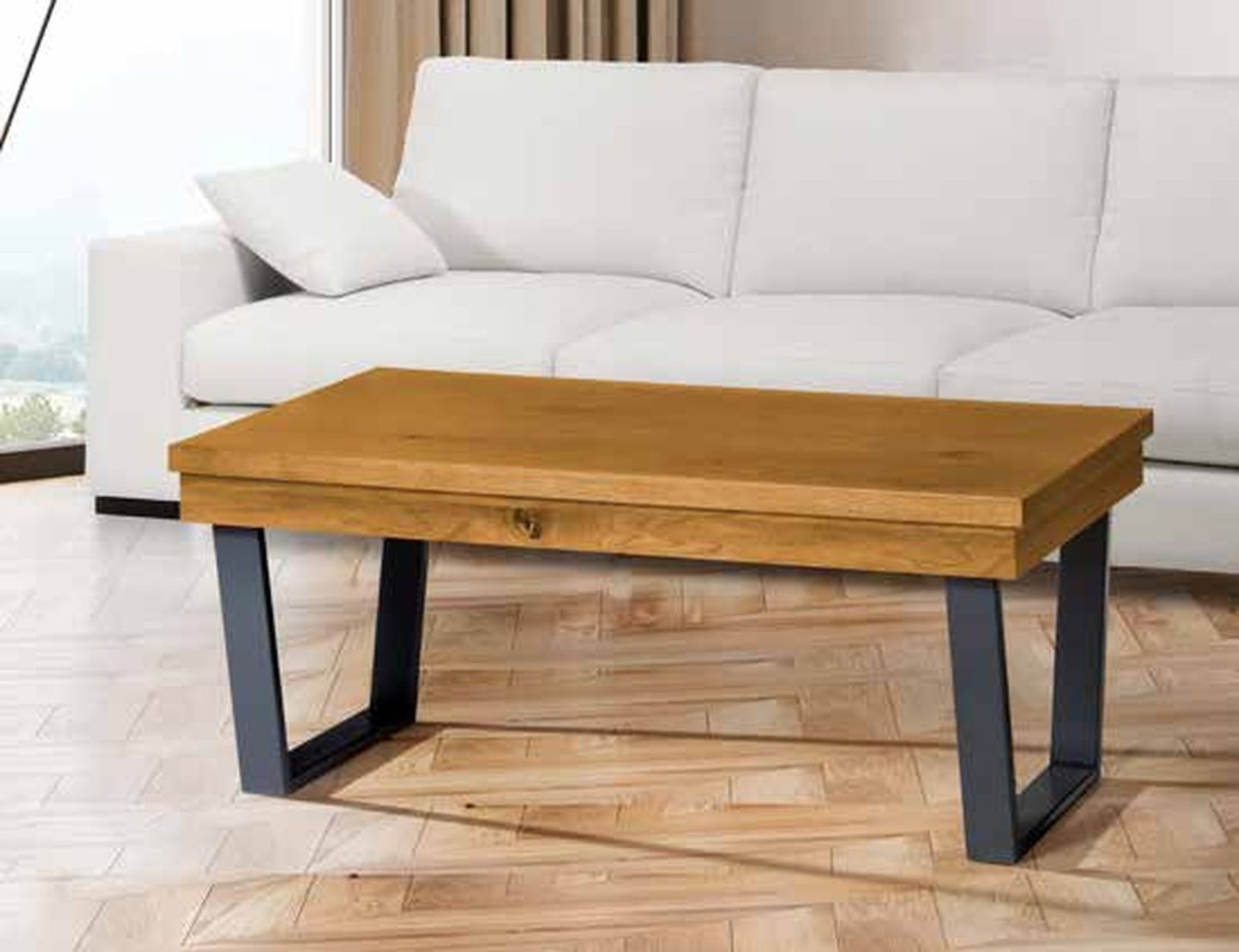 Mesa de centro elevable modelo 282 de SG, de tablero rectangular de madera sobre patas metálicas en U