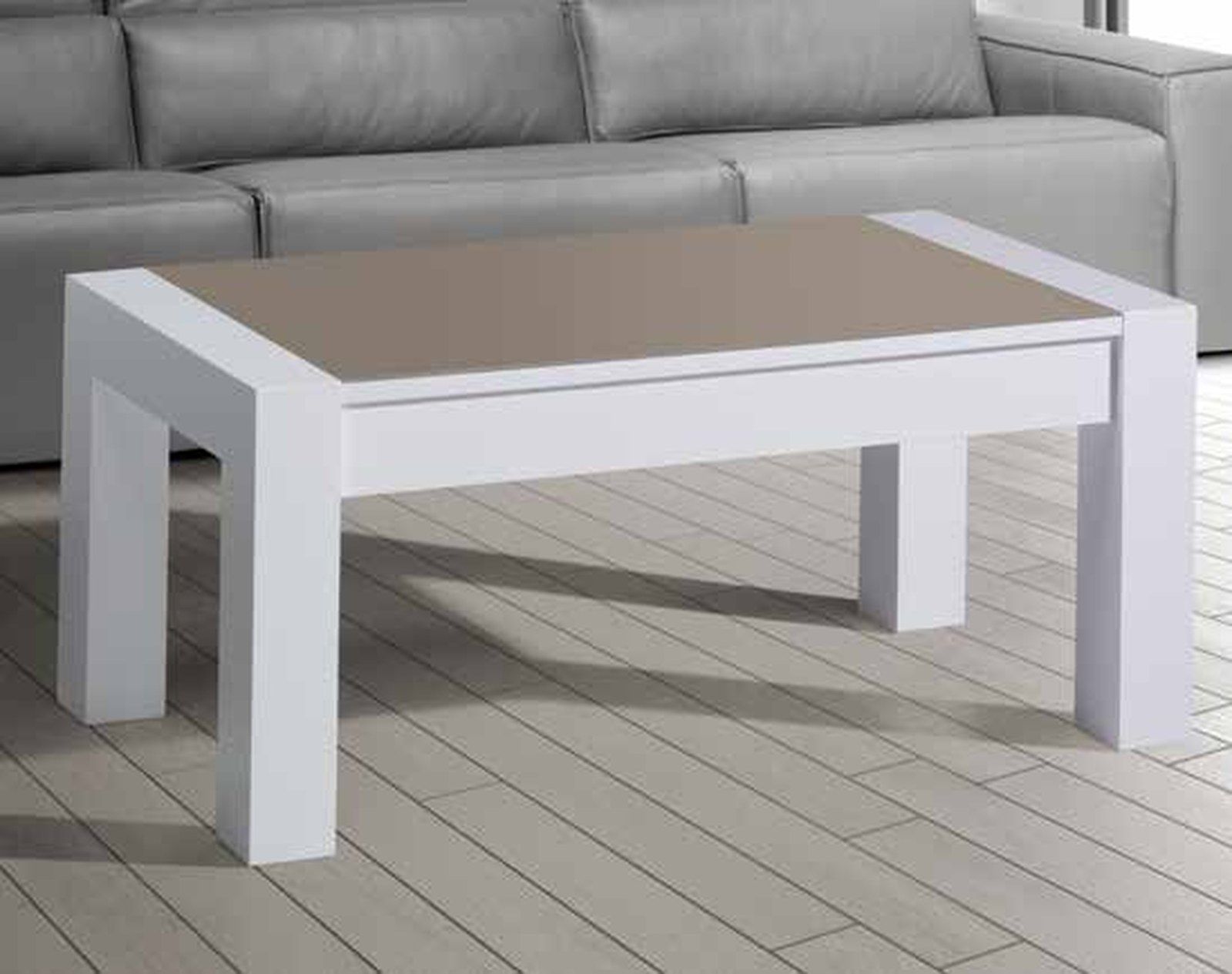 Mesa de centro elevable modelo 218 de SG, lacada en blanco, con el tablero en tono arena