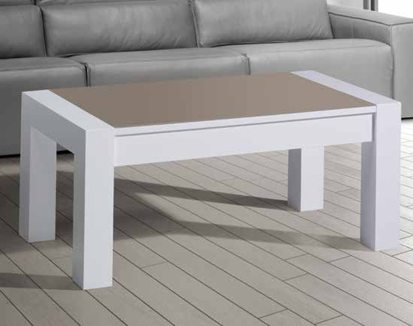 Mesa de centro elevable modelo 218 de SG, lacada en blanco, con el tablero en tono arena