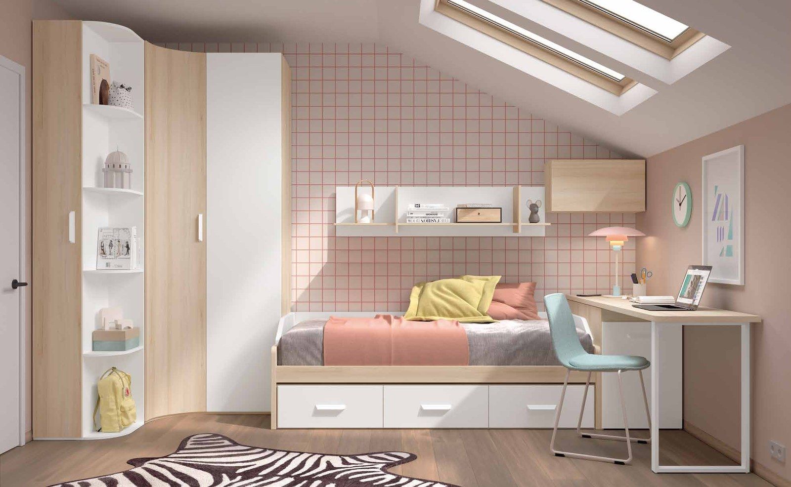 Dormitorio juvenil W•018 con cama nido y acabados BLANCO, ÁMBAR.
