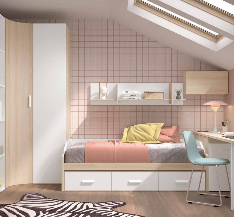Dormitorio juvenil W•018 con cama nido y acabados BLANCO, ÁMBAR.