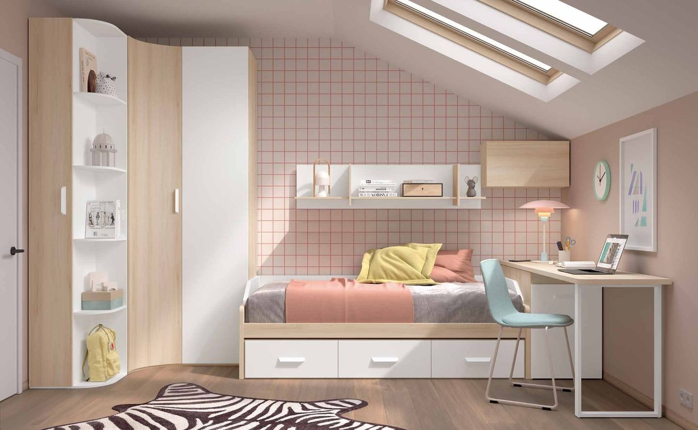 Dormitorio juvenil W•018 con cama nido y acabados BLANCO, ÁMBAR.