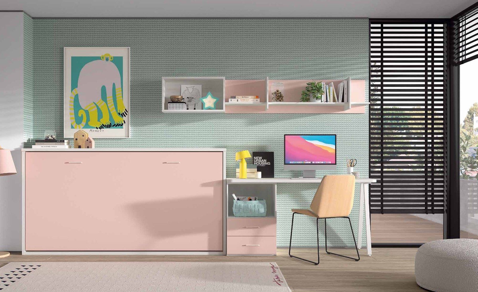 Dormitorio juvenil W•023 con cama abatible horizontal y acabados TIZA, PINK.