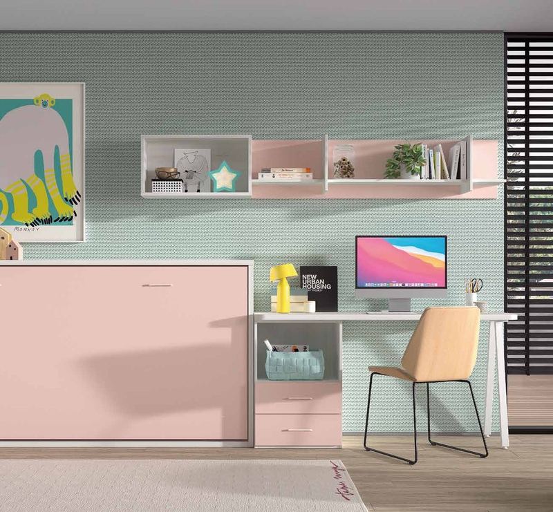 Dormitorio juvenil W•023 con cama abatible horizontal y acabados TIZA, PINK.