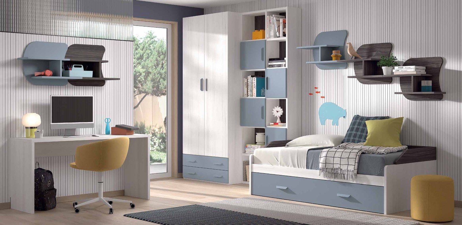 Dormitorio juvenil W•021 con cama nido y acabados TIZA, AVIO, ONYX.