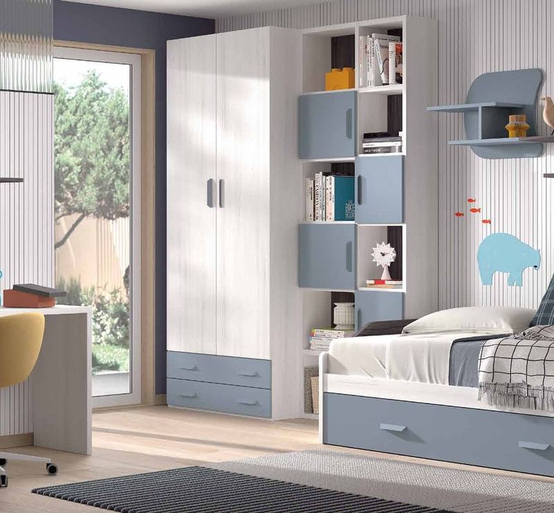 Dormitorio juvenil W•021 con cama nido y acabados TIZA, AVIO, ONYX.