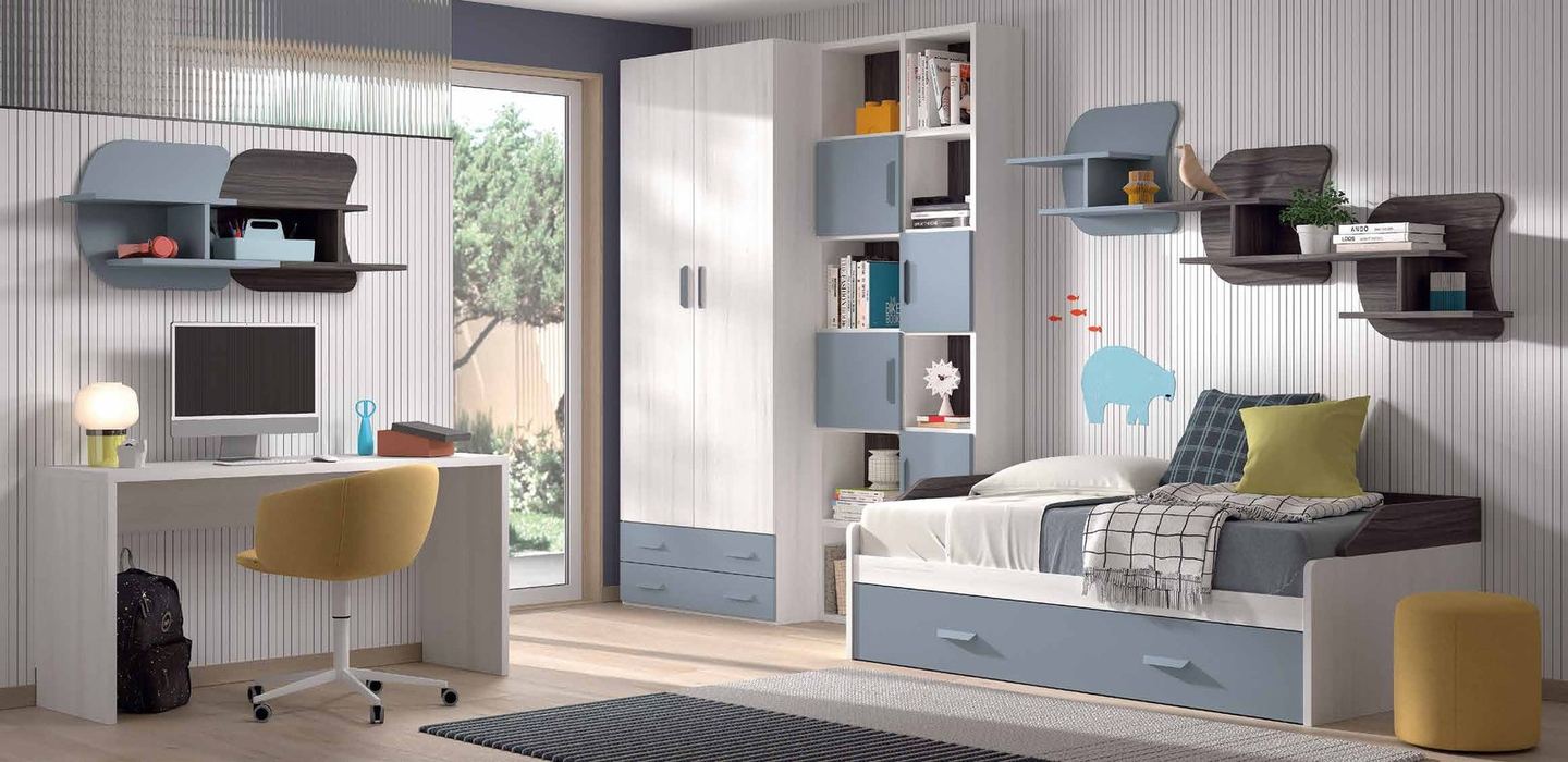Dormitorio juvenil W•021 con cama nido y acabados TIZA, AVIO, ONYX.