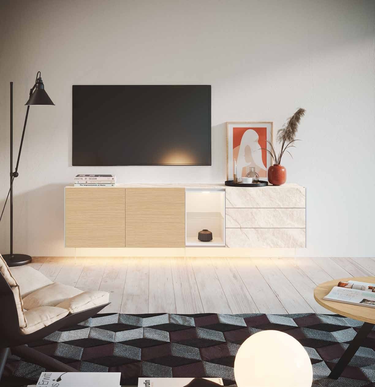 Fotografía de mueble de televisión de salón de la colección FRESH, en acabado Kerala / Tao / Coco.