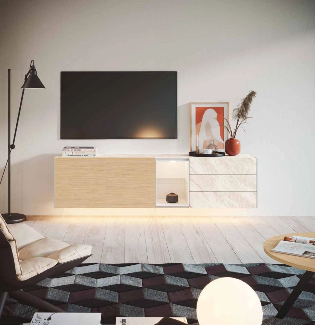 Fotografía de mueble de televisión de salón de la colección FRESH, en acabado Kerala / Tao / Coco.