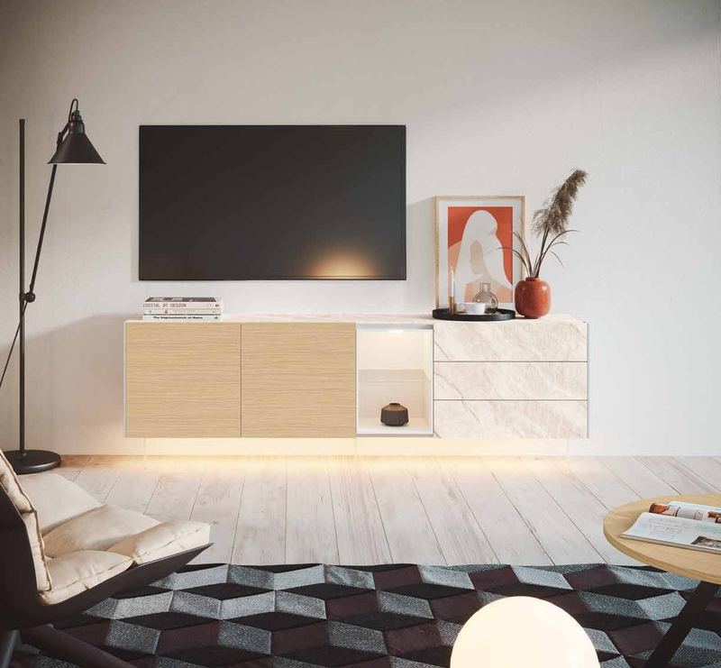 Fotografía de mueble de televisión de salón de la colección FRESH, en acabado Kerala / Tao / Coco.