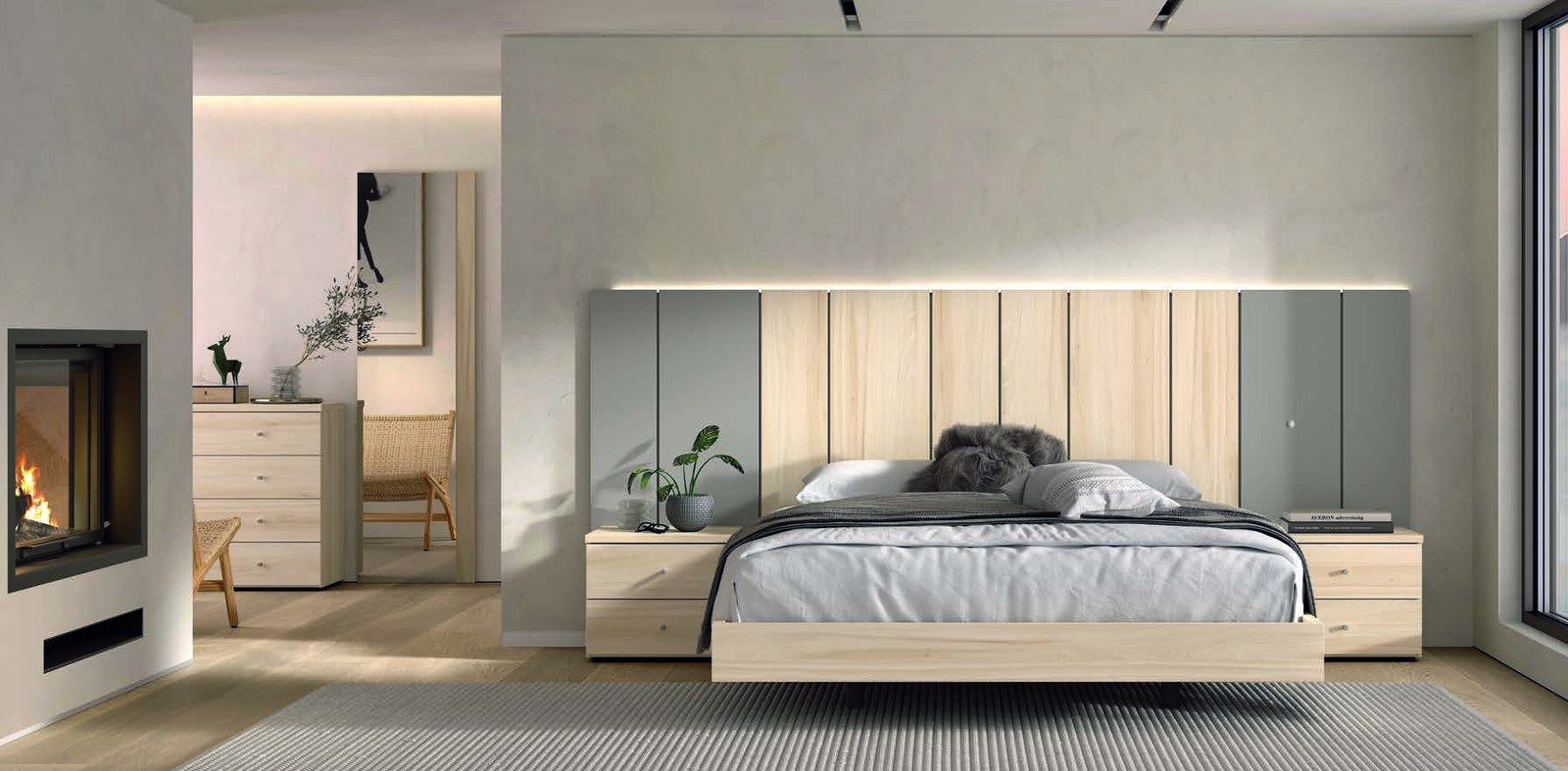 matrimonio-emotion-dormitorio-11-principal-01.jpg: Dormitorio Emötion composición 11 con cama doble, cabecero morse alas con iluminación, módulos win y cómoda