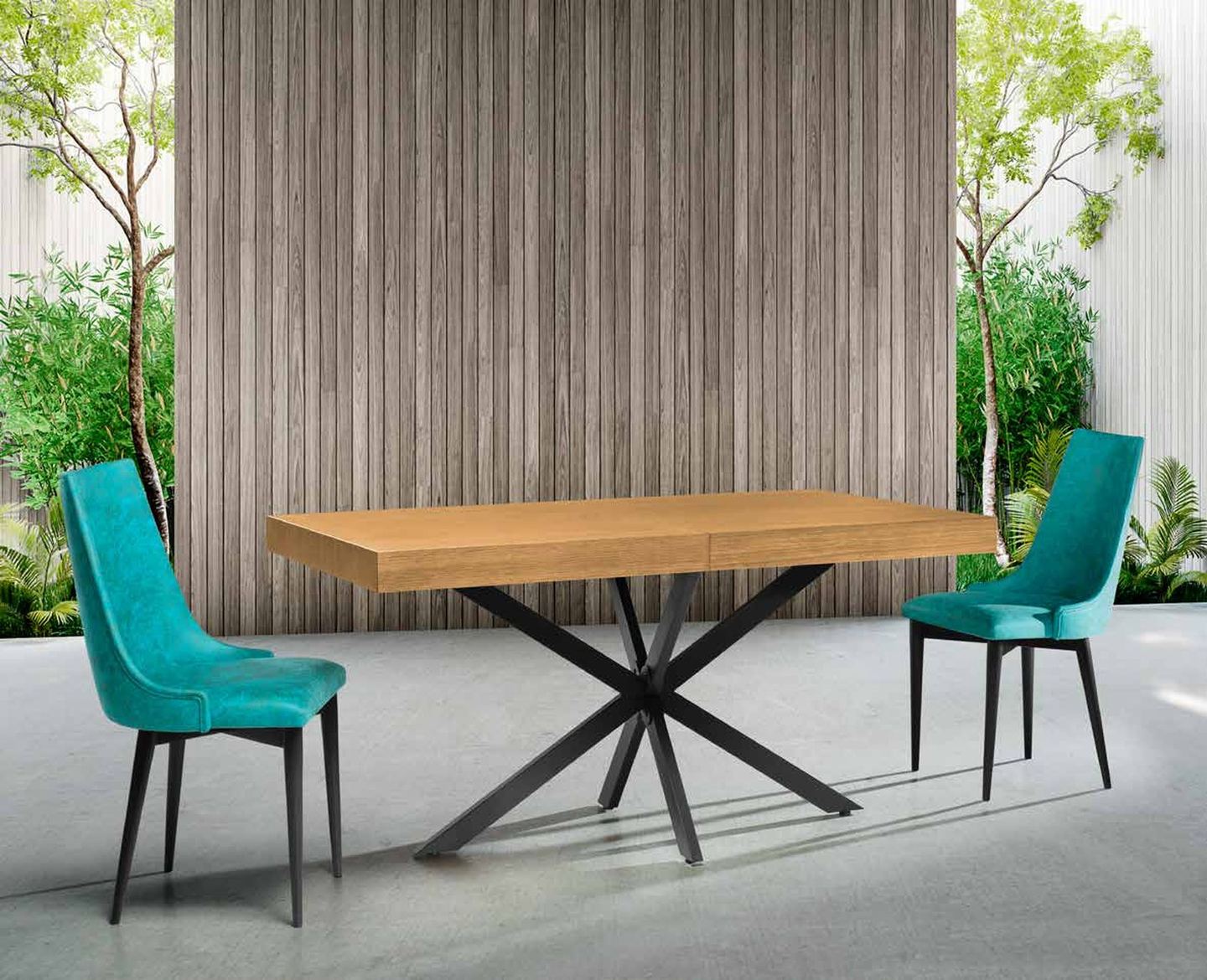 Mesa de comedor modelo 81 de SG, de tablero rectangular sobre pie central de aspas metálicas