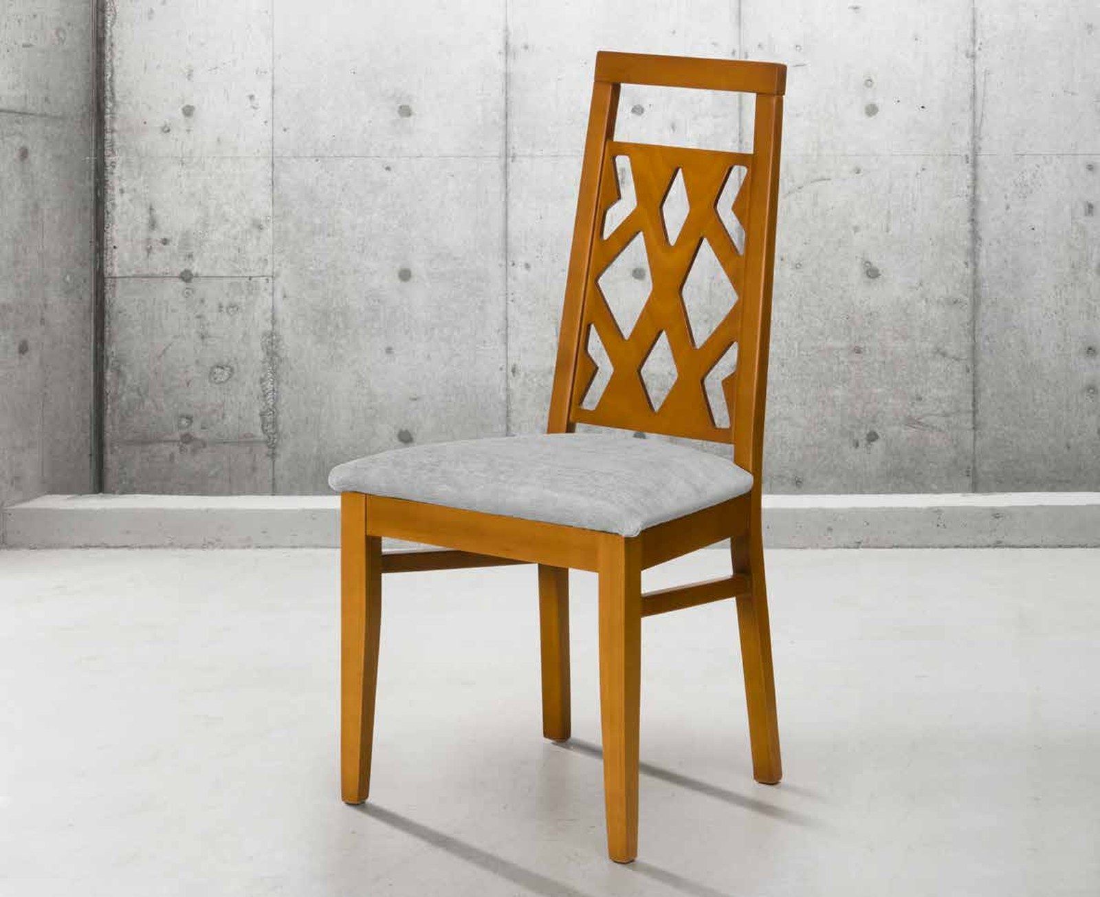 Silla de comedor modelo 80 de SG, respaldo alto de madera con celosía de rombos calada
