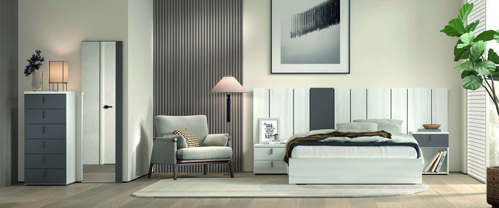 matrimonio-emotion-dormitorio-12-principal-01.jpg: Dormitorio Emötion composición 12 con cama doble, cabecero morse alas, módulos win, cómoda alta y espejo
