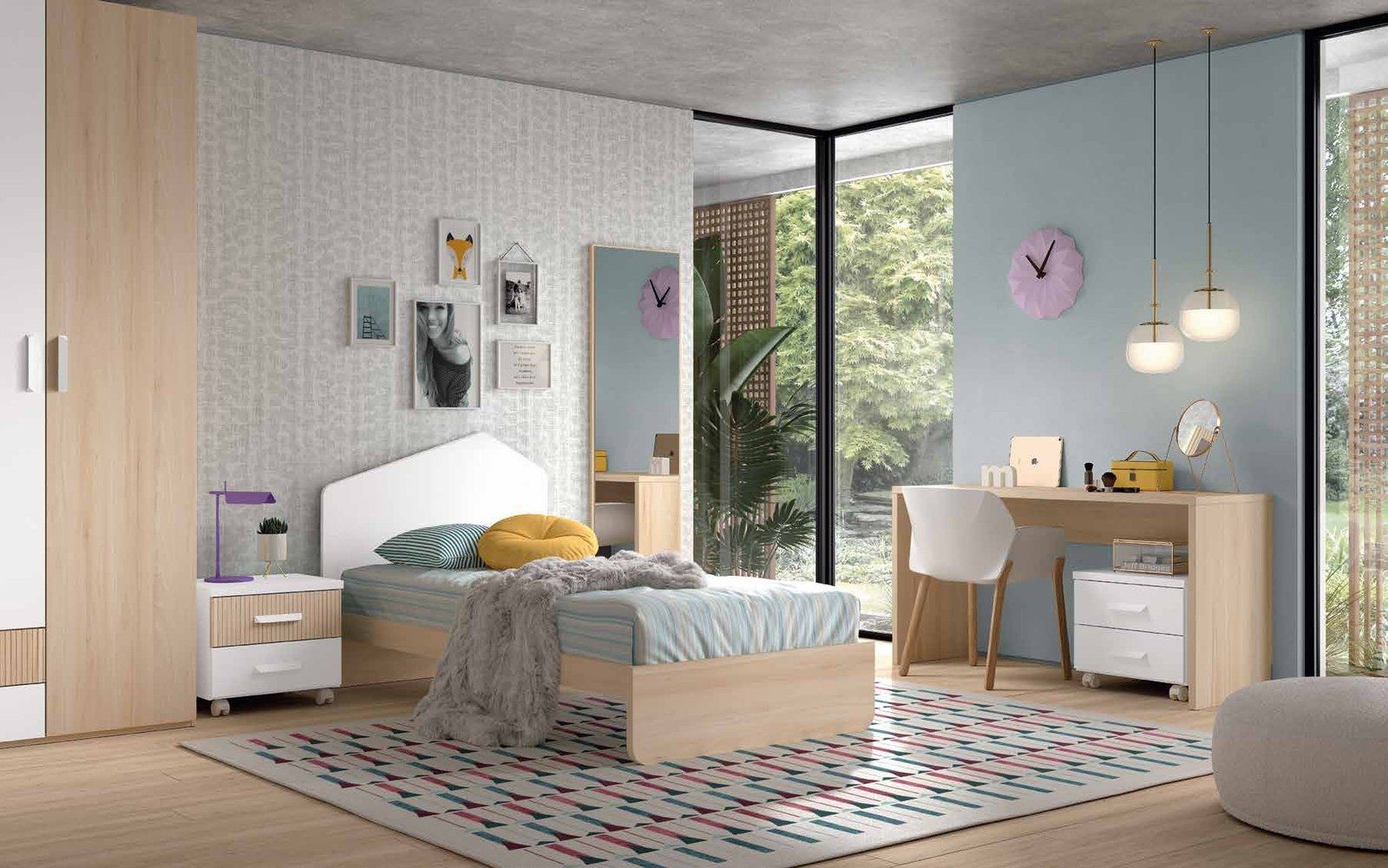 Dormitorio juvenil W•035 con cama individual y acabados ÁMBAR, LANK, BLANCO.