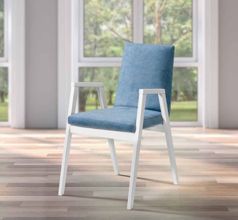 Silla de comedor modelo 213 de SG, silla con reposabrazos abiertos y estructura lacada en blanco
