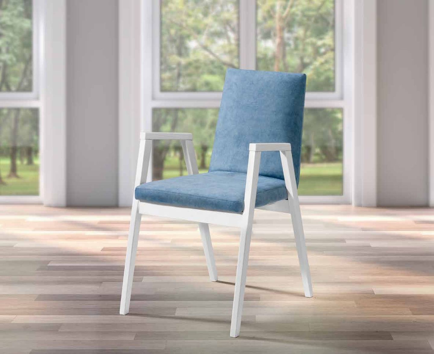 Silla de comedor modelo 213 de SG, silla con reposabrazos abiertos y estructura lacada en blanco