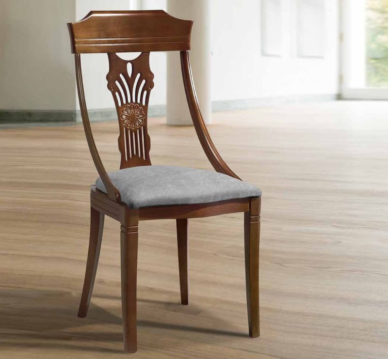 Silla de comedor clásica modelo 59 de SG, respaldo curvado de madera con talla central y asiento tapizado
