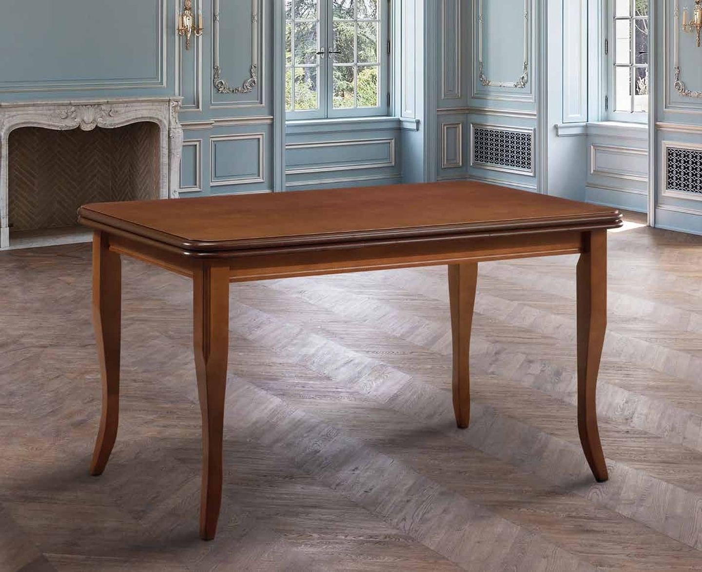 Mesa de comedor clásica modelo 10 de SG, de tablero rectangular sobre patas curvas de estilo cabriolé