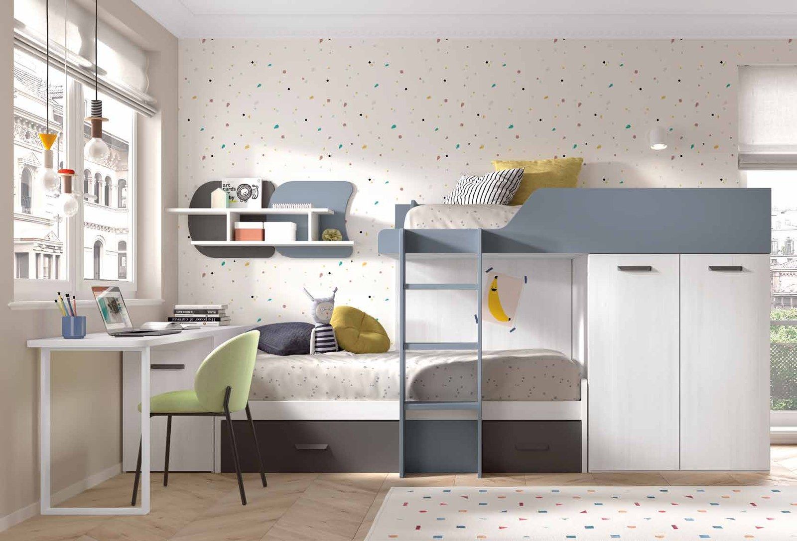 Dormitorio juvenil W•027 con cama block y acabados TIZA, AVIO, PIZARRA.