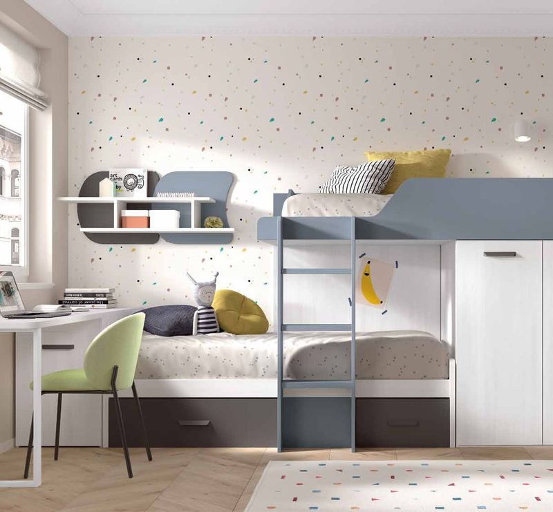 Dormitorio juvenil W•027 con cama block y acabados TIZA, AVIO, PIZARRA.