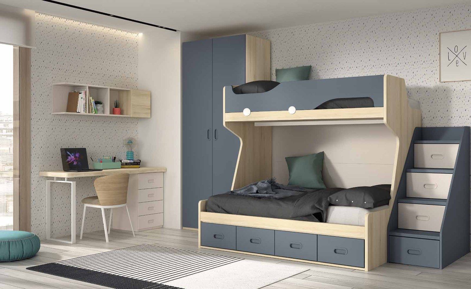 Vista general de la composición F-210, se observan litera con cama alta de 90 cm, cama baja de 135 cm, escalera-cajonera y escritorio.