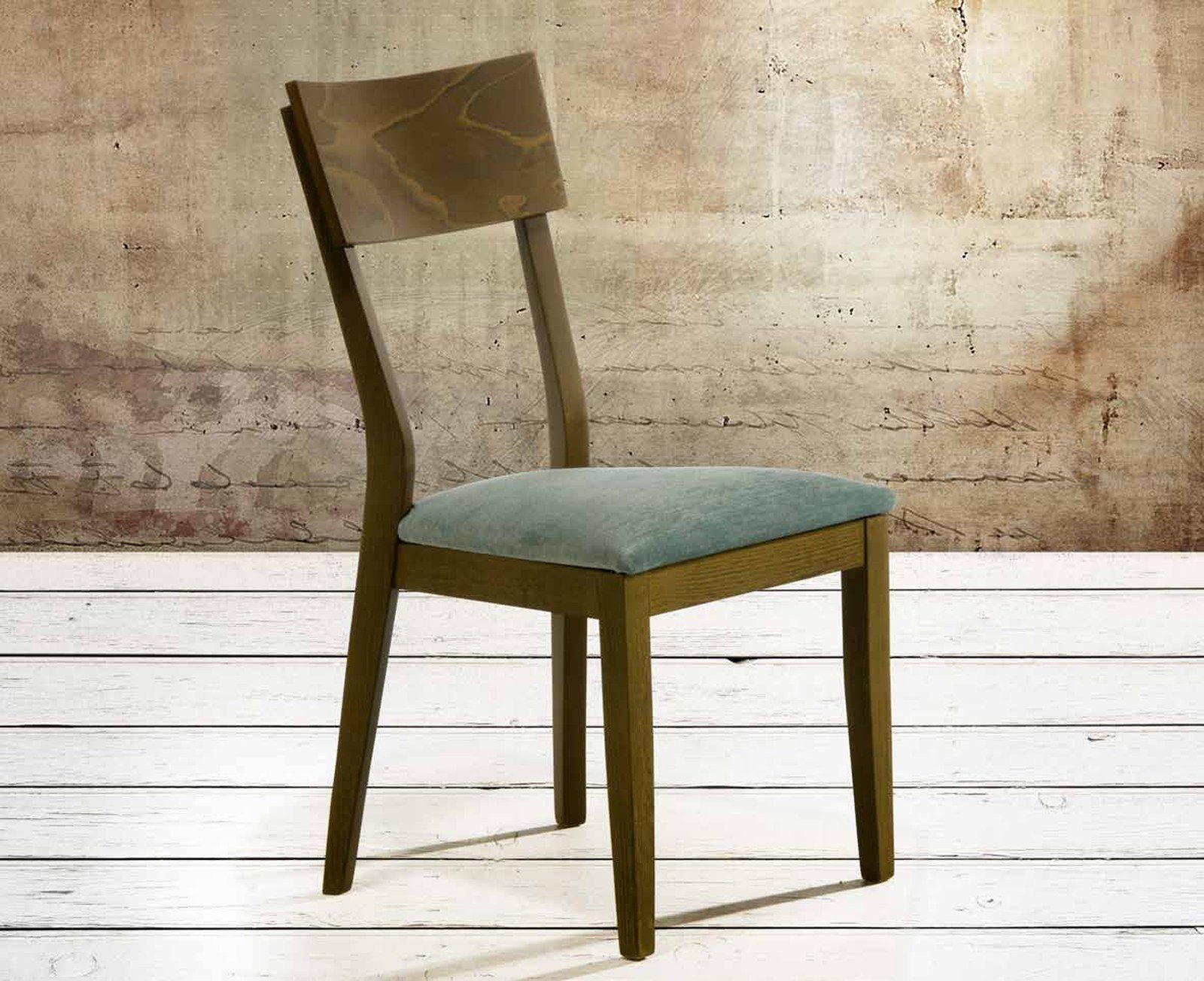 Silla de comedor modelo 150 de SG, respaldo bajo y ancho de madera, con asiento tapizado
