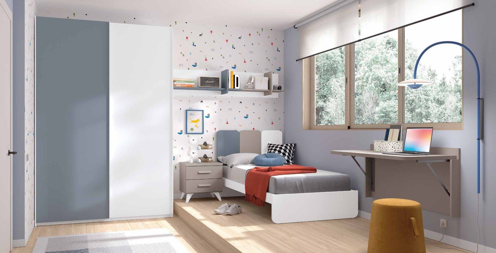 Dormitorio juvenil W•031 con cama individual y acabados BLANCO, AVIO, PIEDRA.