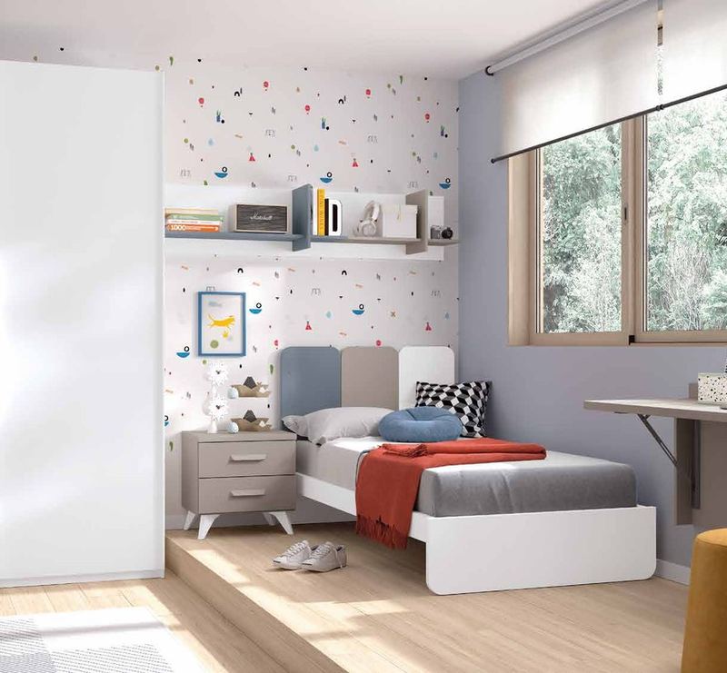 Dormitorio juvenil W•031 con cama individual y acabados BLANCO, AVIO, PIEDRA.