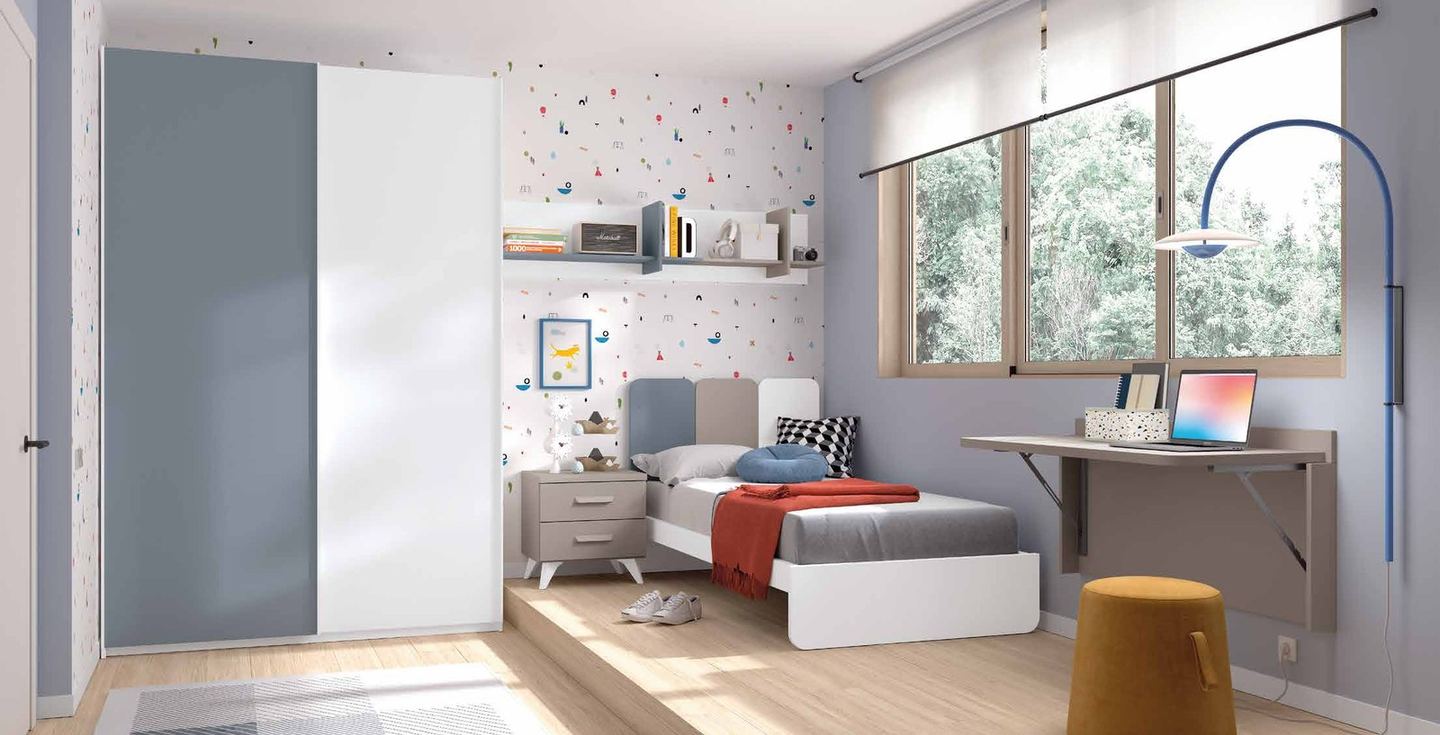 Dormitorio juvenil W•031 con cama individual y acabados BLANCO, AVIO, PIEDRA.