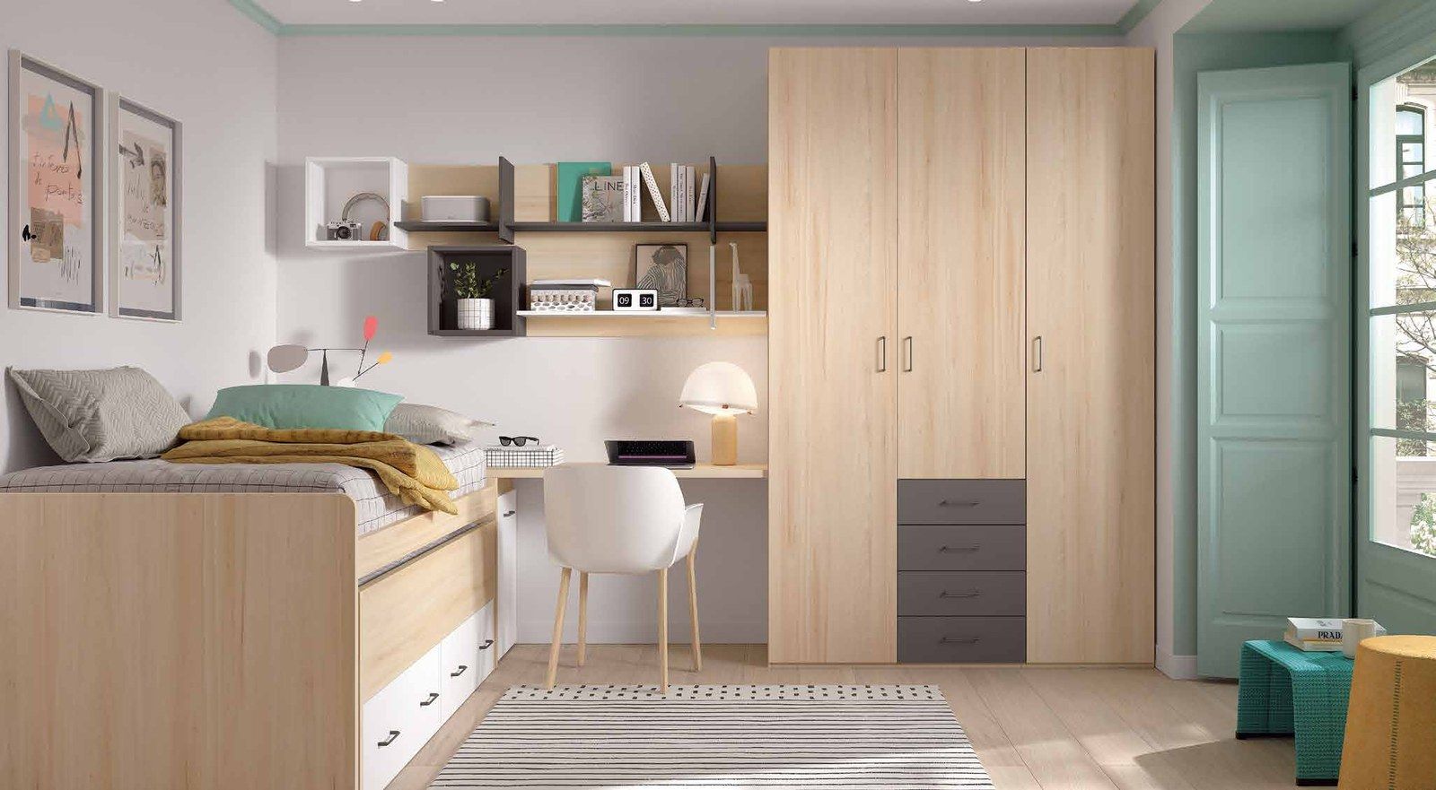 Dormitorio juvenil W•009 con compacto y acabados ÁMBAR, PIZARRA, BLANCO.
