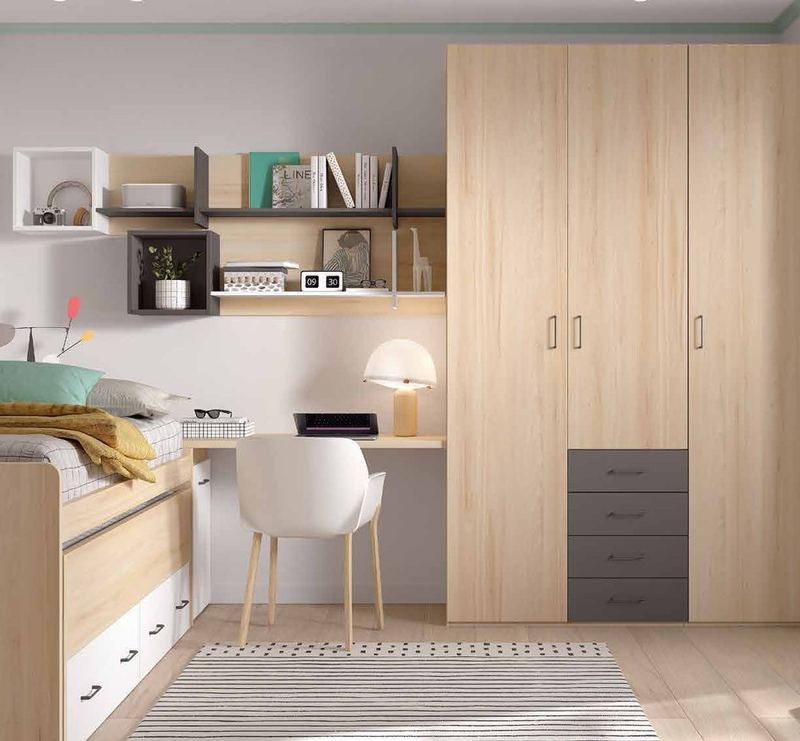 Dormitorio juvenil W•009 con compacto y acabados ÁMBAR, PIZARRA, BLANCO.