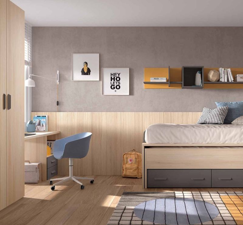 Dormitorio juvenil W•011 con compacto y acabados ÁMBAR, CAMEL, LANK, PIZARRA.