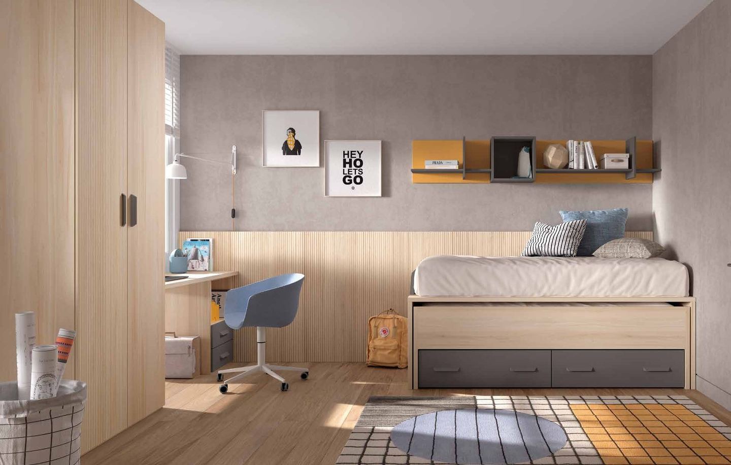 Dormitorio juvenil W•011 con compacto y acabados ÁMBAR, CAMEL, LANK, PIZARRA.