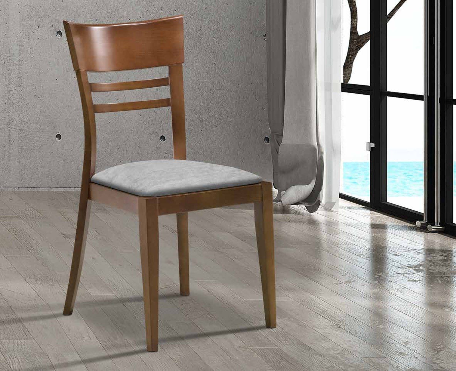 Silla de comedor modelo 126 de SG, respaldo de travesaños horizontales de madera y asiento tapizado