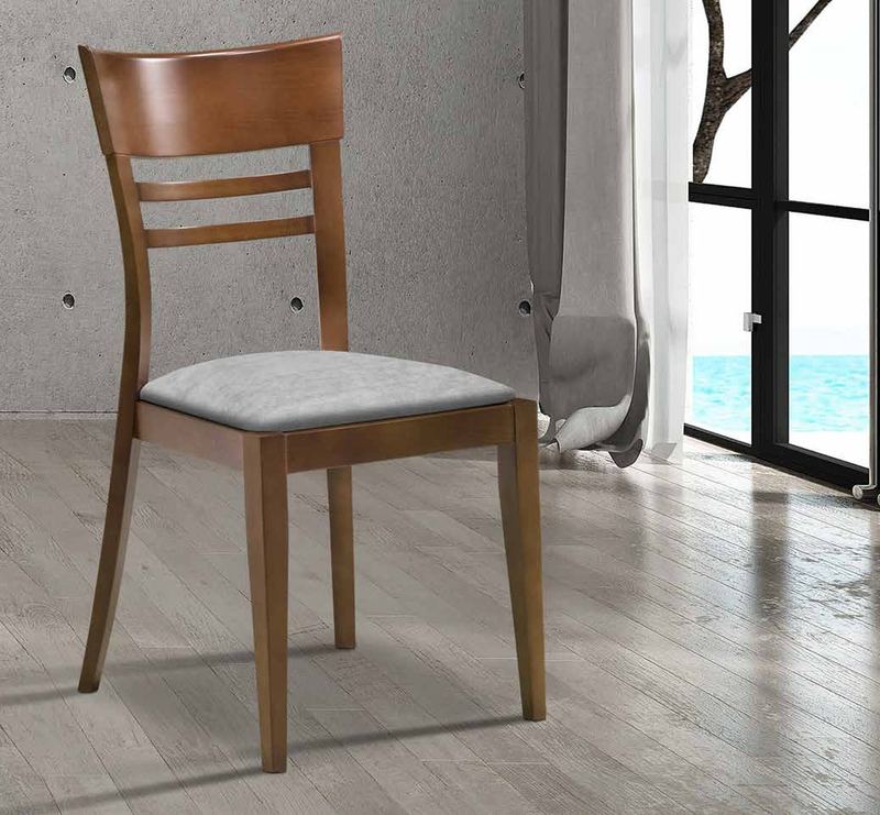 Silla de comedor modelo 126 de SG, respaldo de travesaños horizontales de madera y asiento tapizado