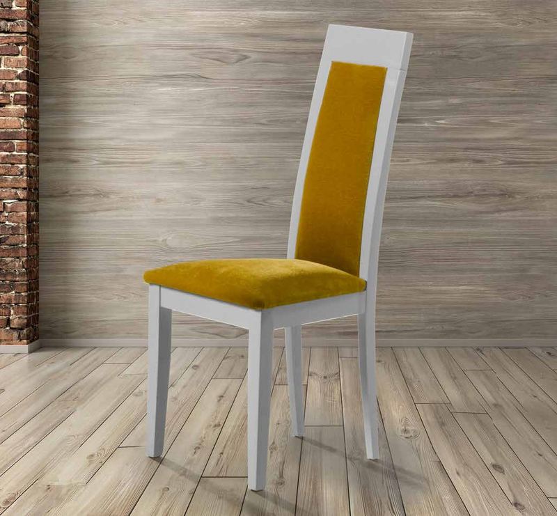 Silla de comedor modelo 79 de SG, respaldo alto de madera con el panel central tapizado
