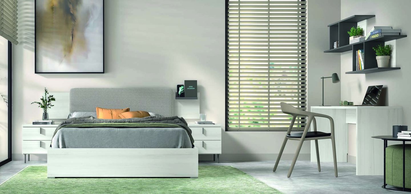 matrimonio-emotion-dormitorio-22-principal-01.jpg: Dormitorio Emötion composición 22 con cama doble, galería baku, módulos win, escritorio y estantes murales